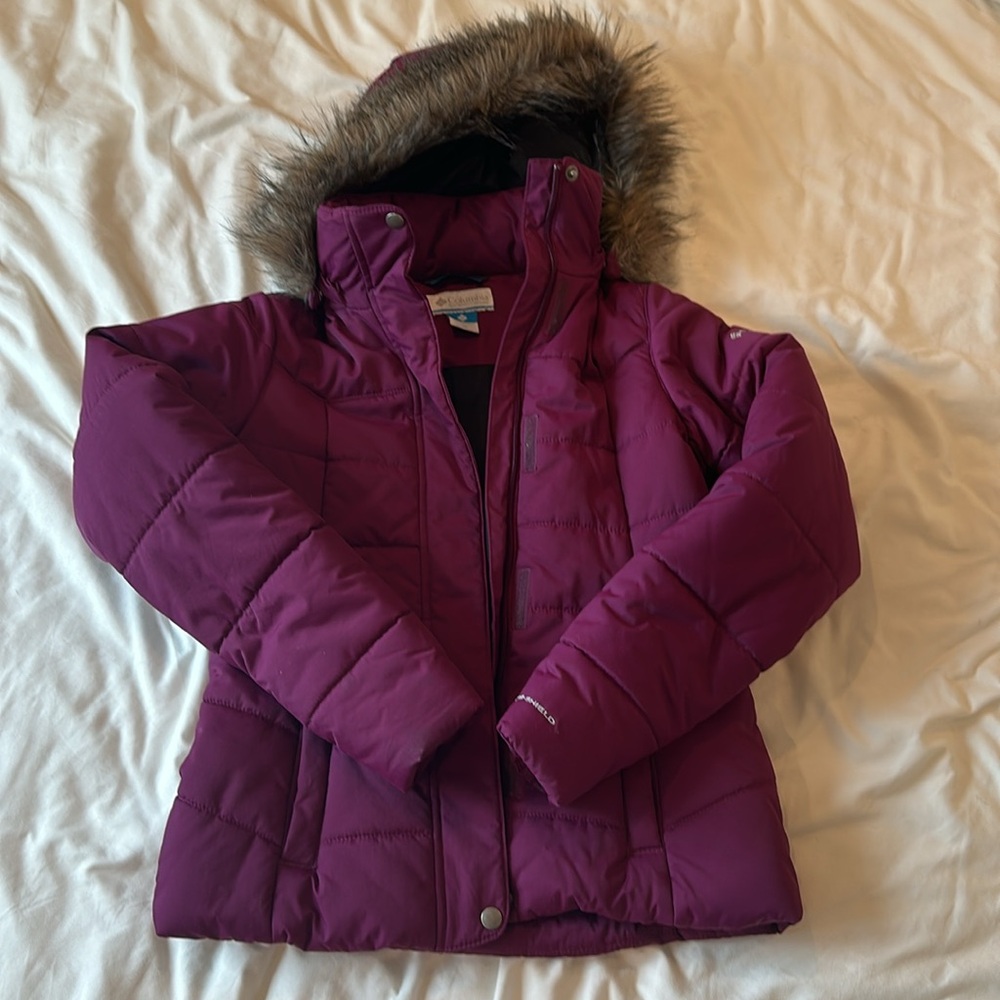 Purple Columbia ski jacket with removable fur hood